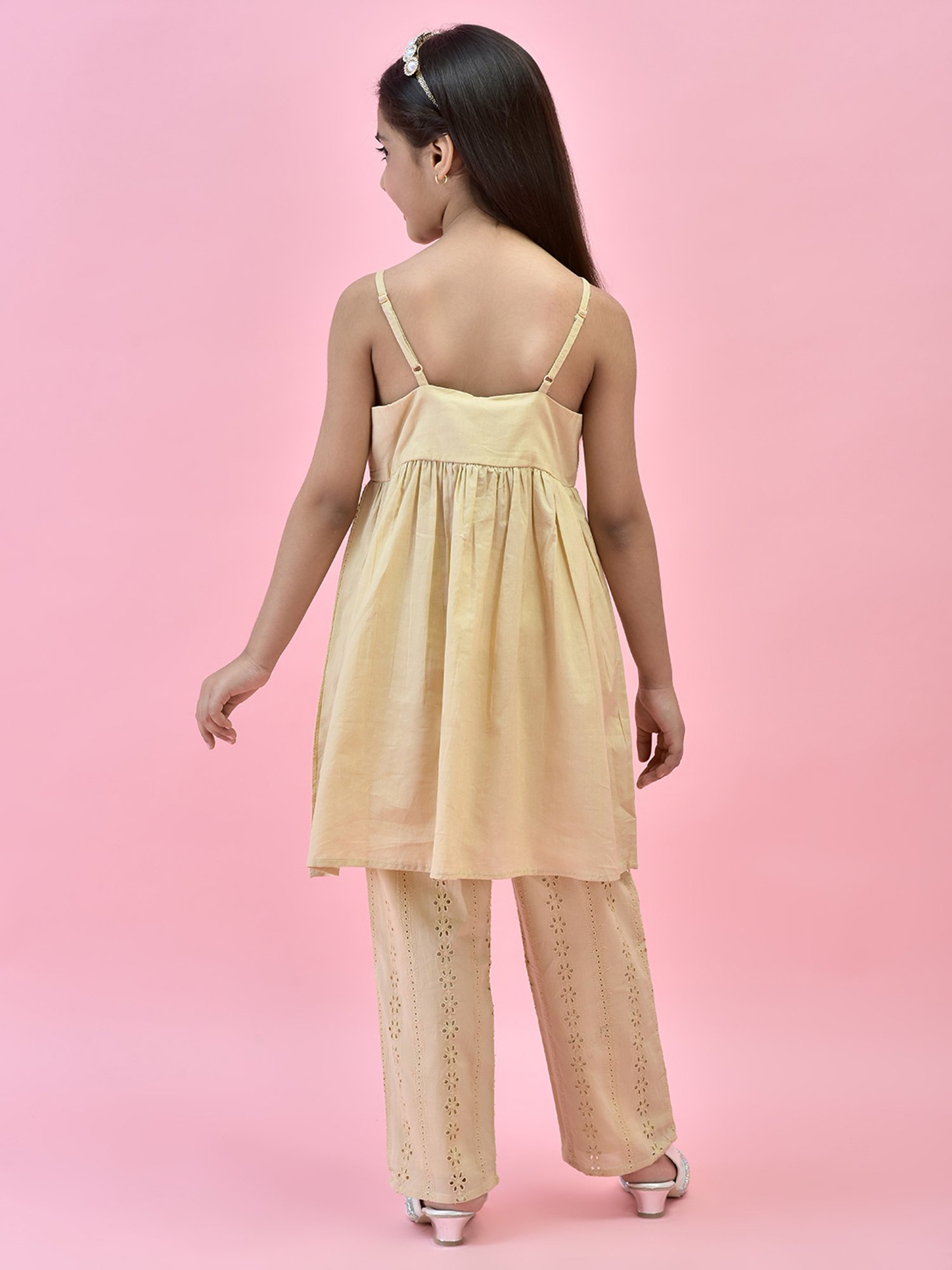 Juniper Girls Beige Self Design Kurta With Pants
