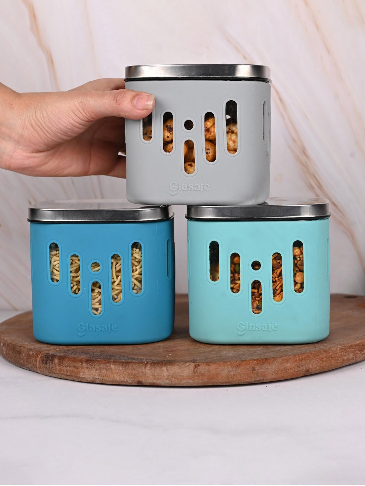 Glasafe 'O' Grip Multicolor Borosilicate Containers - Set of 3 (600ml)