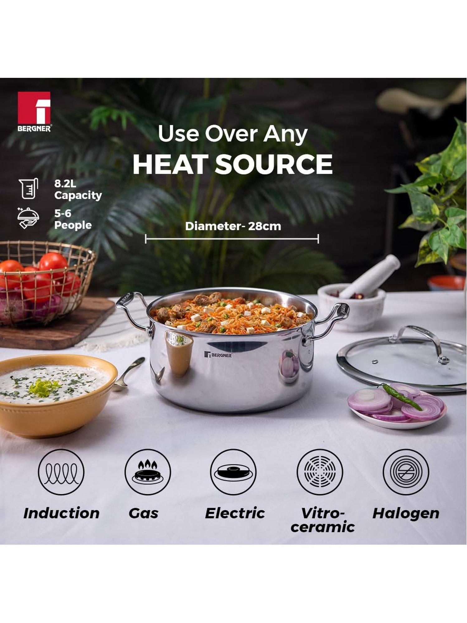 Bergner Hitech Triply Silver Stainless Steel Non Stick 28 cm Casserole With Glass Lid (8.2 L)