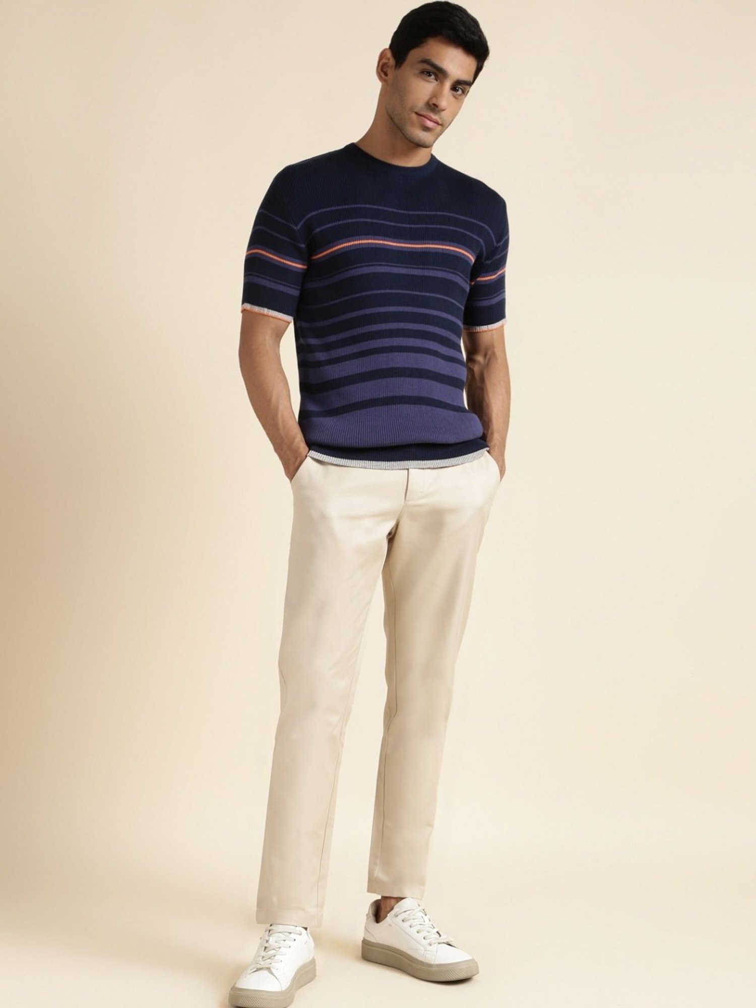 Andamen Navy Regular Fit Striped T-Shirt