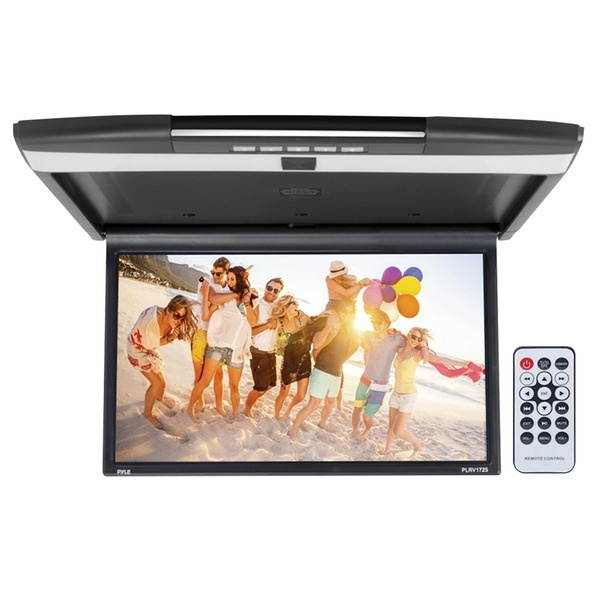car overhead monitor screen display  17.3 inch. lcd vehicle flip down roof mount console  hdmi tv player control panel w/builtin ir transmitter wireless ir headphone  pyle plrv1725