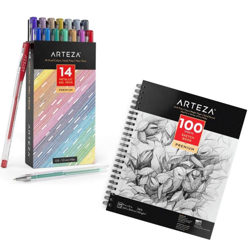 Arteza Coloring Set - 14 Retractable Gel Ink Pens and Sketchbook (100 Sheets, 9"x12") Bundle (ARTZ-NBNDL117)