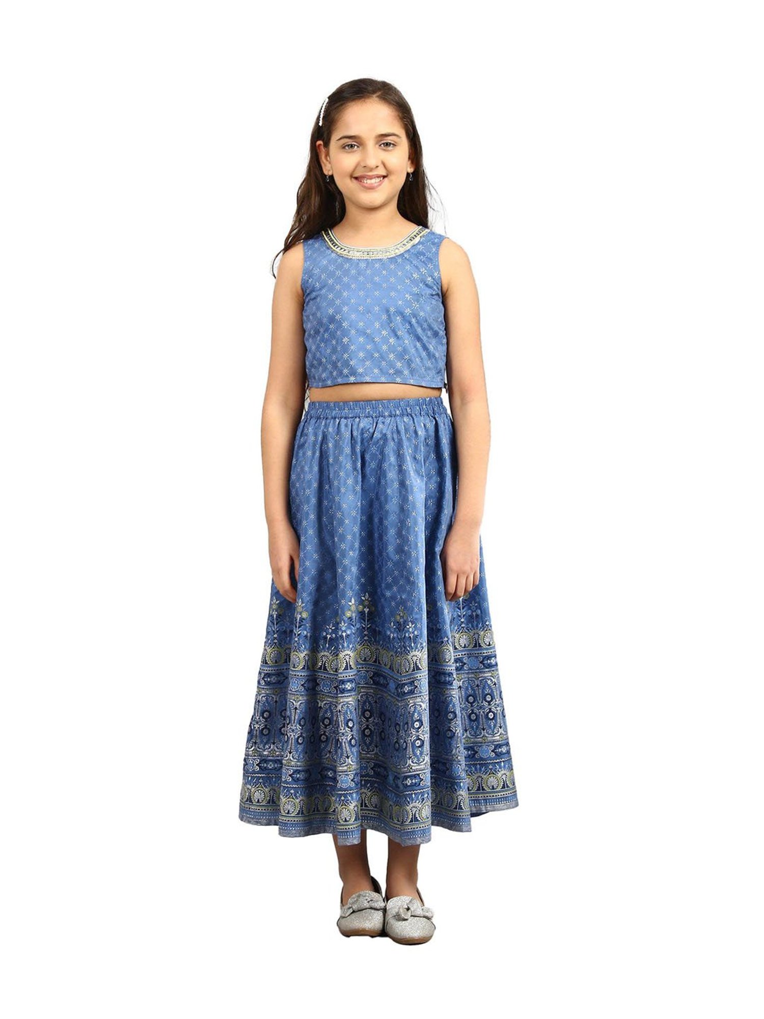 Aurelia Kids Blue Embellished Top, Skirt with Shrug