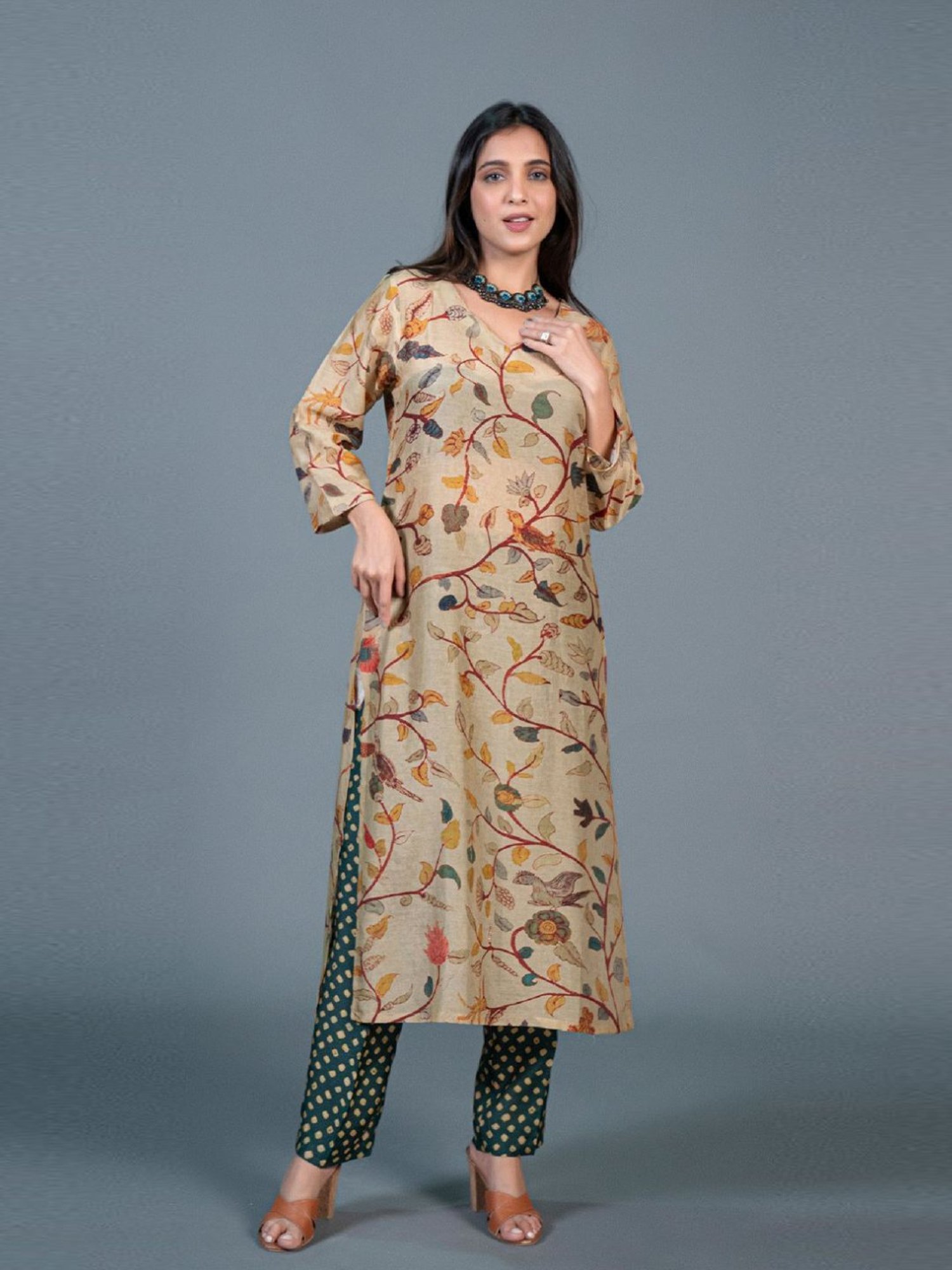 Eeshva India Beige Kalamkari Printed Kurta Pant Set