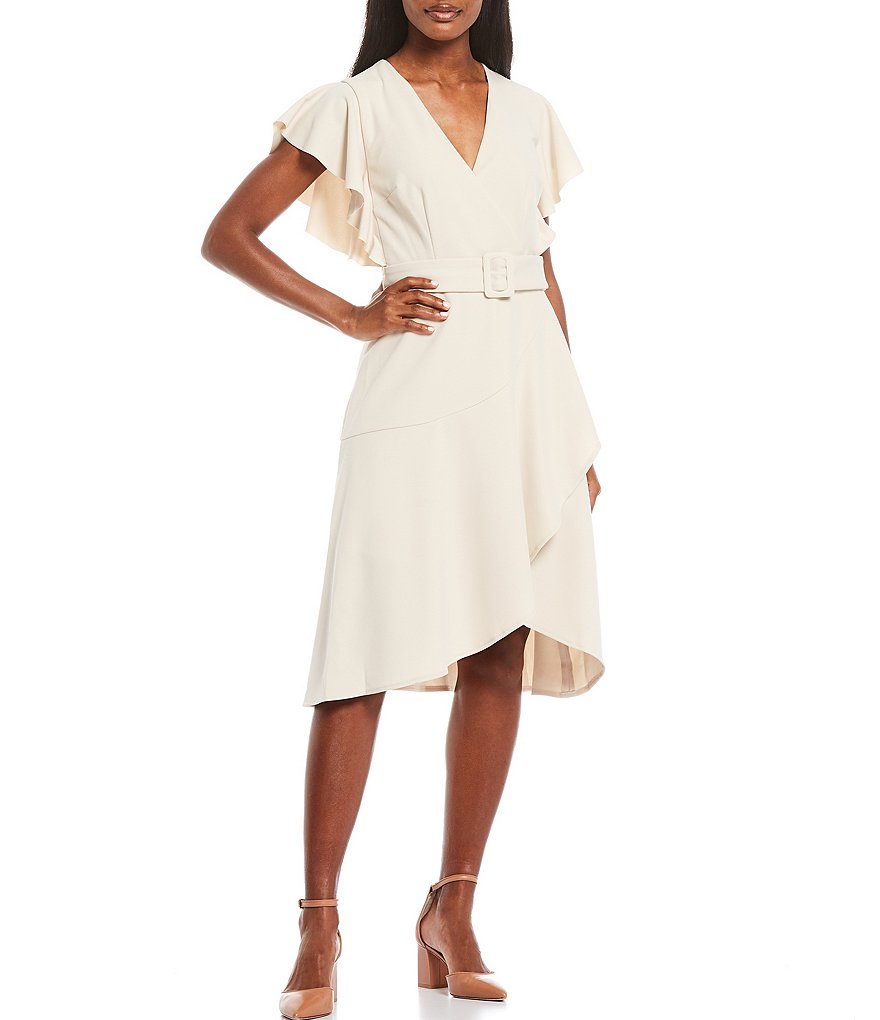Donna Morgan Knitted Crepe Asymmetrical Ruffle Dress