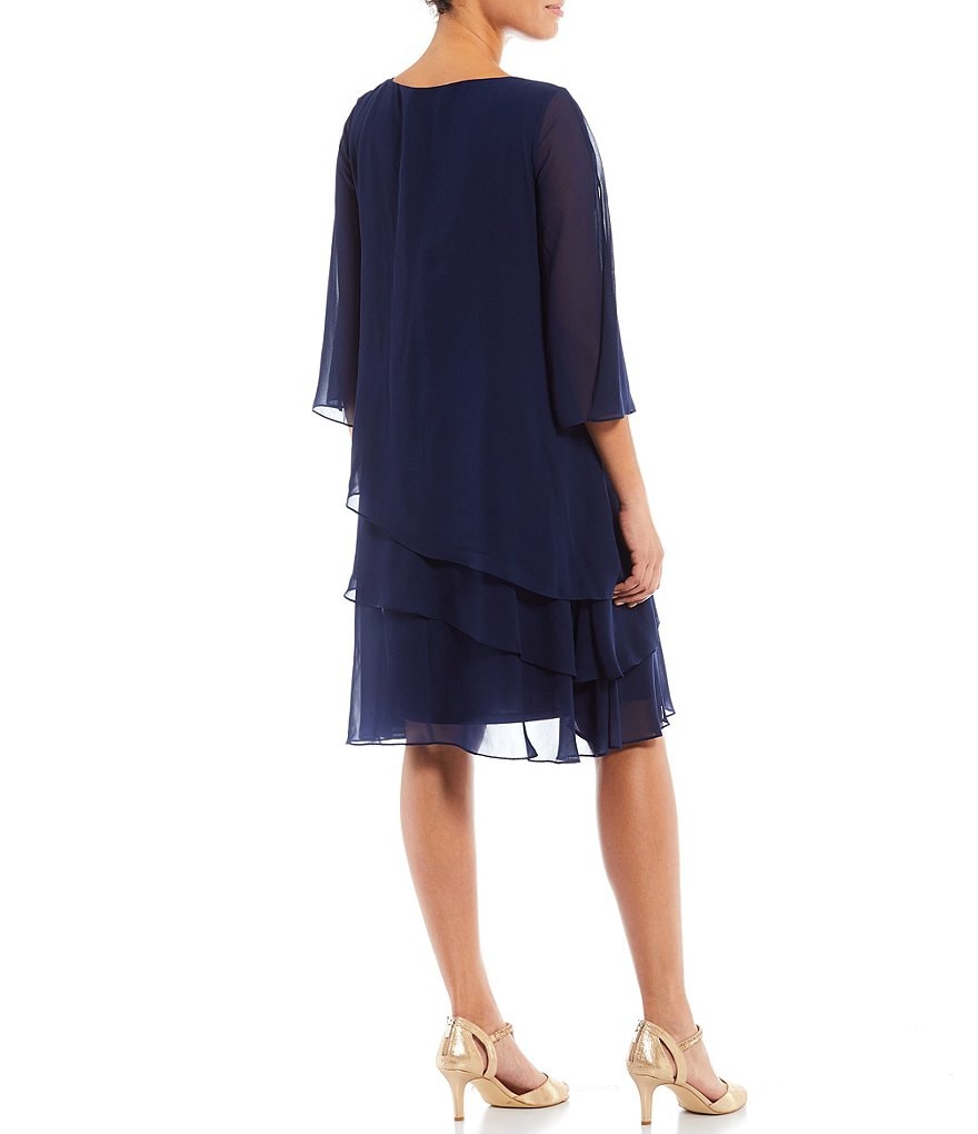 Marina Split 3/4 Sleeve Round Beaded Keyhole Neck Asymmetrical Tiered Chiffon Shift Dress