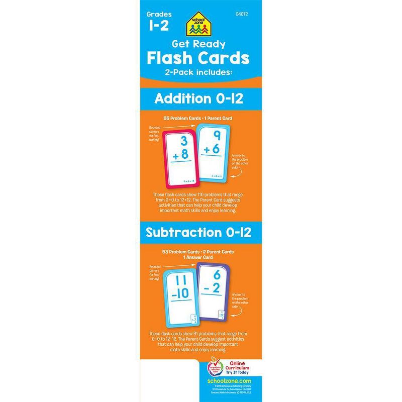 Get Ready Flash Cards 2-pack - Addition 0-12 & Subtraction 0-12, Grades 1-2 (School Zone Publishing)