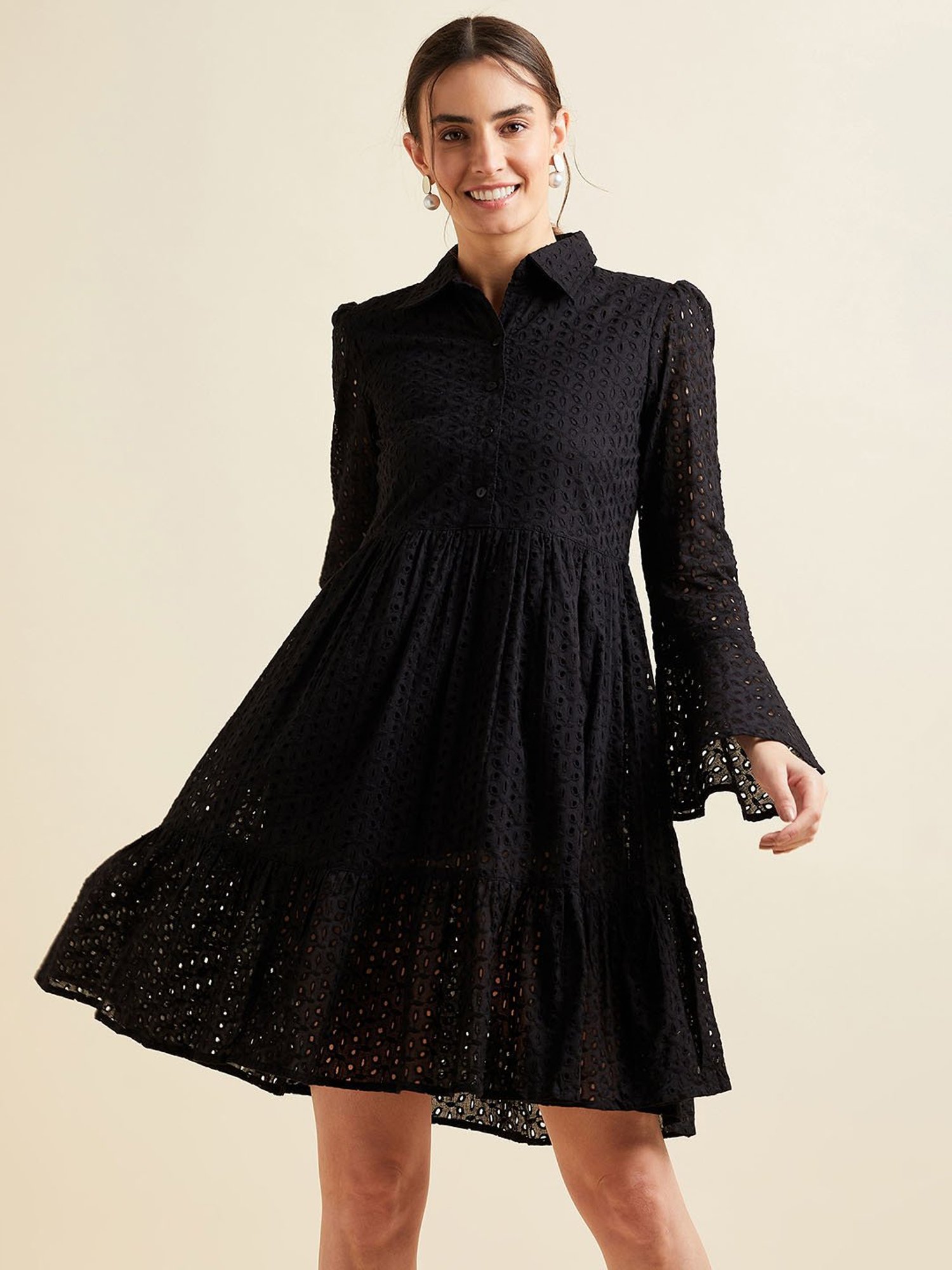 PANIT Black Cotton Embroidered Ethnic Dress