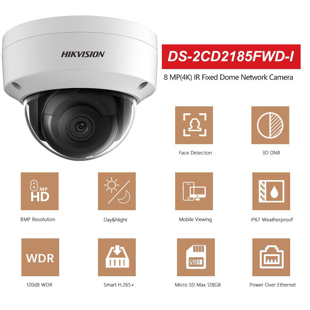 Hikvision New Original English version Dome IP POE DS-2CD2185FWD-IS 8MP Outdoor H.265 Updatable CCTV Camera With Audio and Alarm Interface security Camera, (8MP, 2.8 Fixed Lens, 1Pcs)