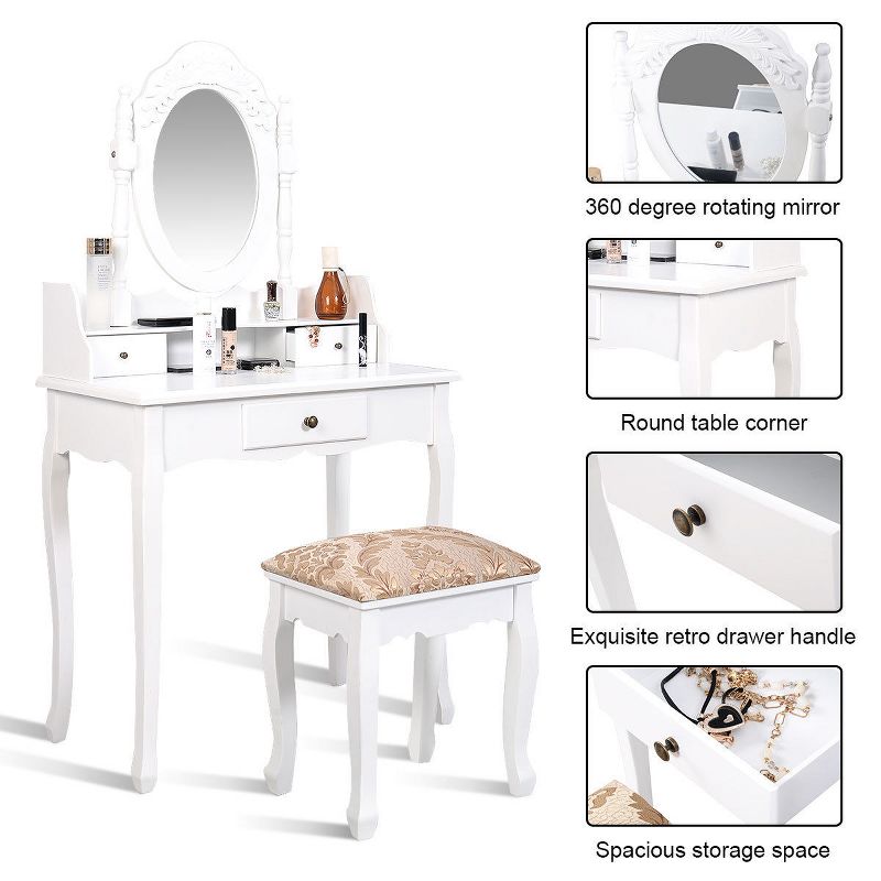 Costway Vanity Table Jewelry Makeup Desk Bench Dresser Stool White