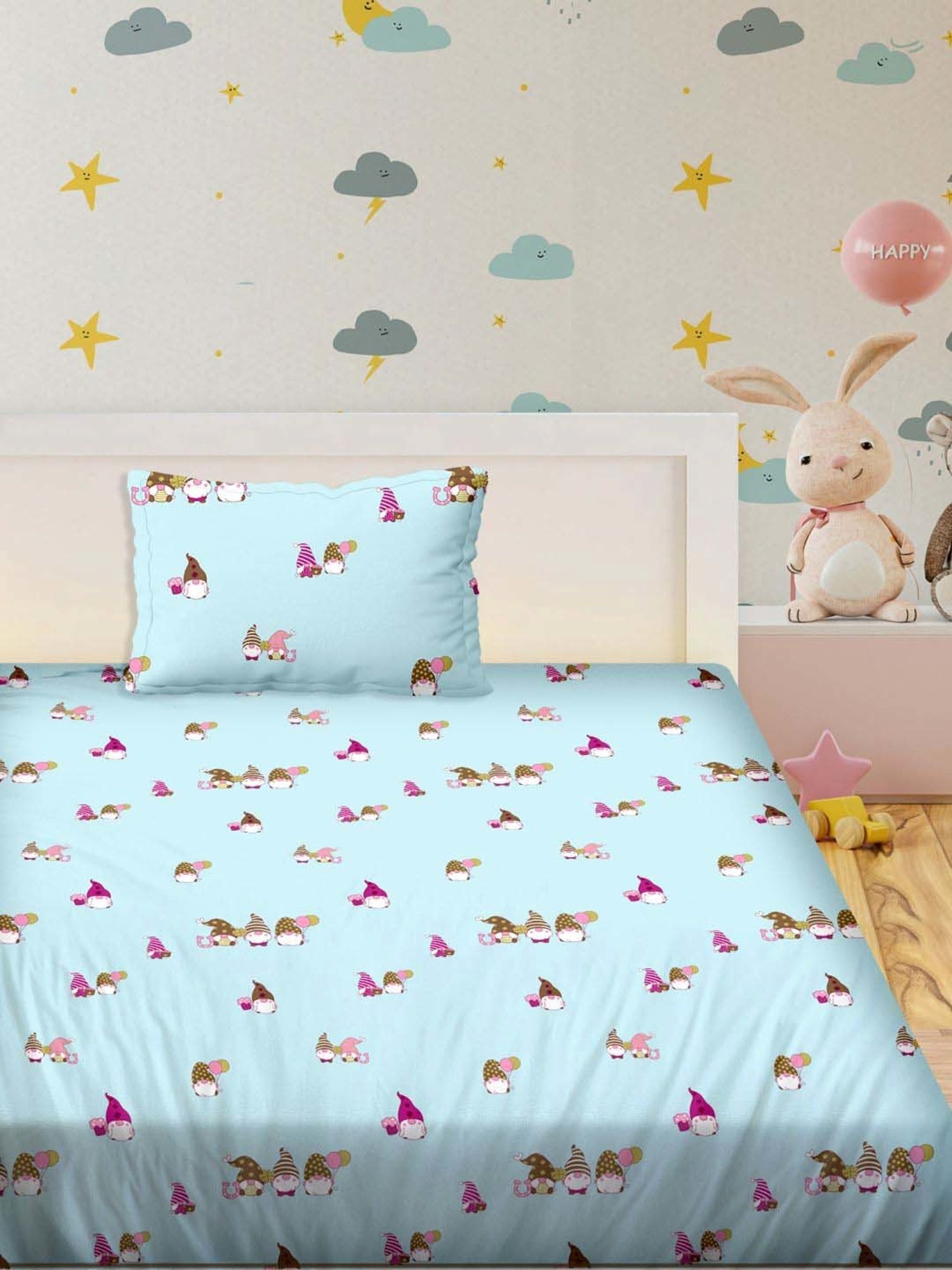 BELLA CASA Kidz Kingdom Printed Blue 180 TC Cotton Bedsheet with 1 Pillow Cover