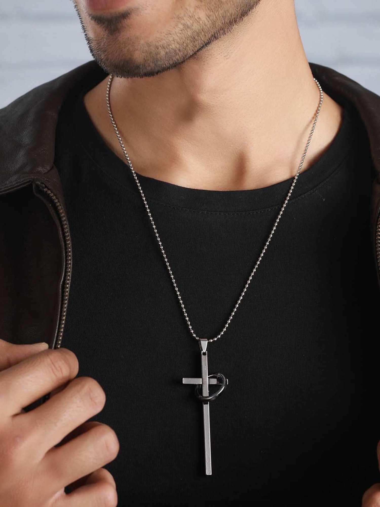 Bold by Priyaasi Silver-Plated Long Cross Ring Chain Necklace for Men