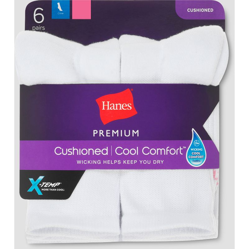 Hanes Premium 6 Pack Women's Cushioned Crew Socks - White 5-9