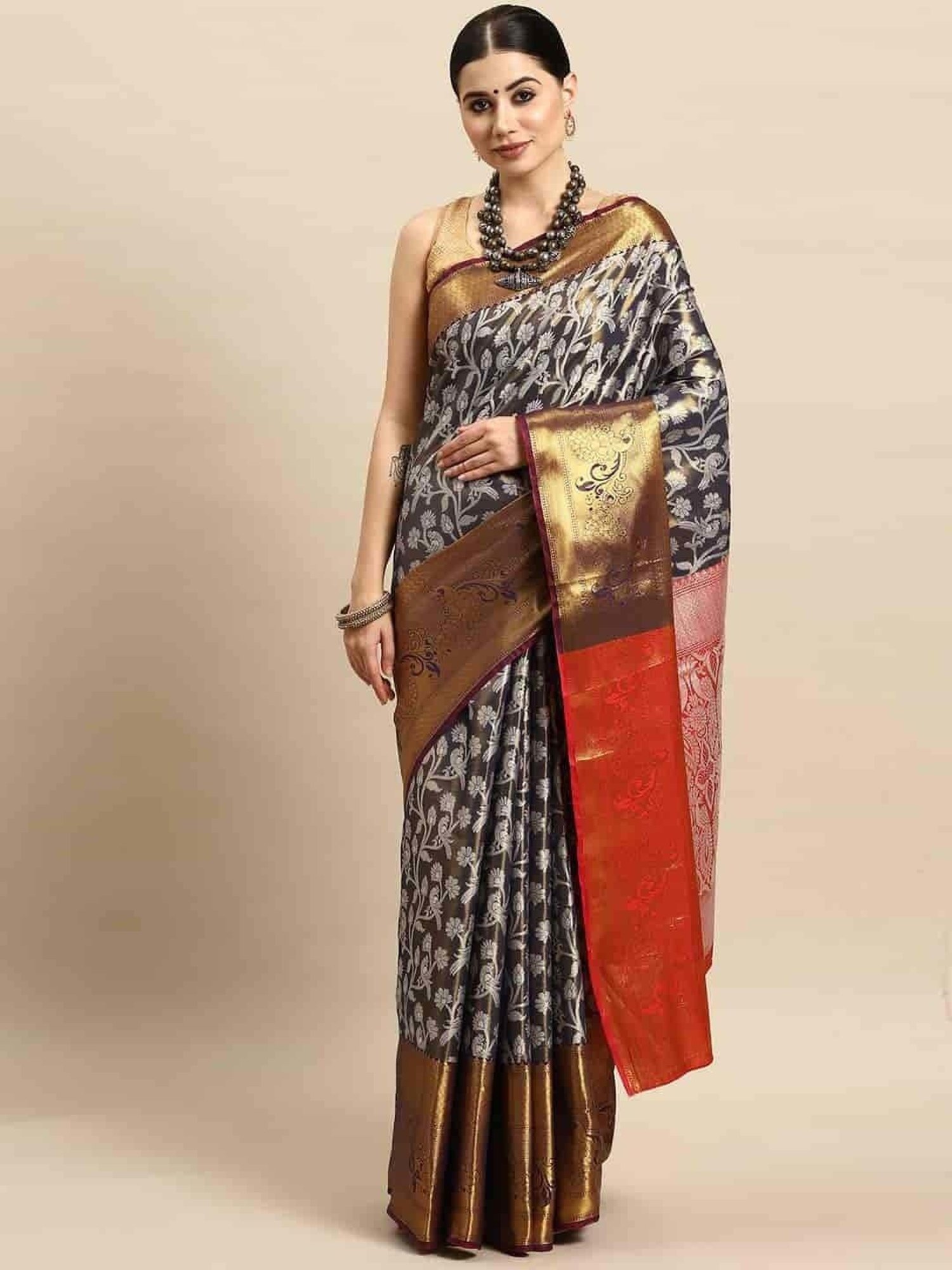 Silk Land Navy Woven Saree With Unstitched Blouse