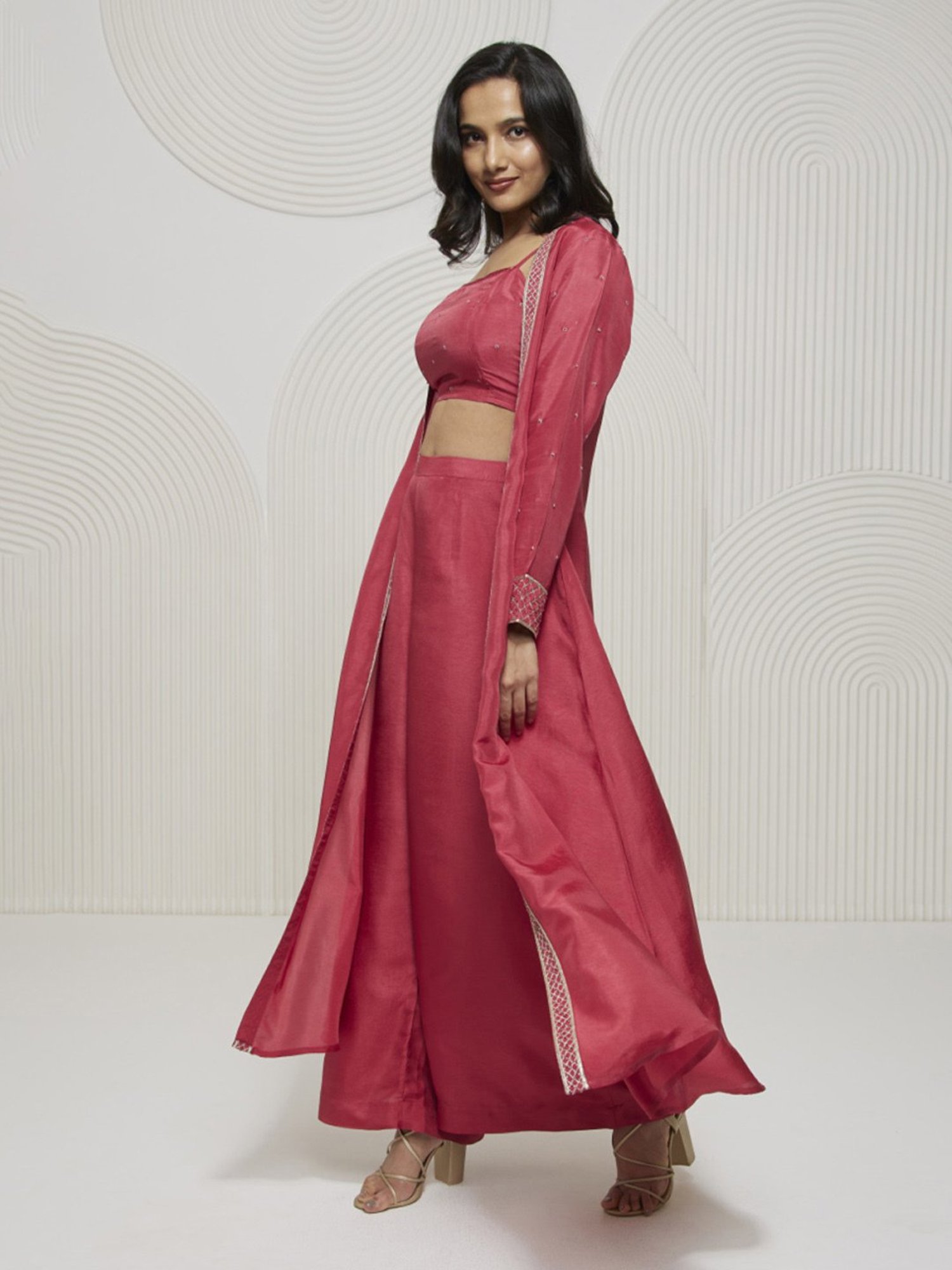 Artagai Tea Berry Romancing Aari Crop Top and Wide Leg Trousers with Midi-Jacket