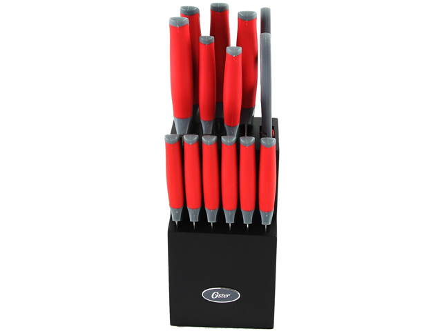 Oster 81006.14 Lindbergh 14 Piece Stainless Steel Cutlery Black Block Set, Red Handles