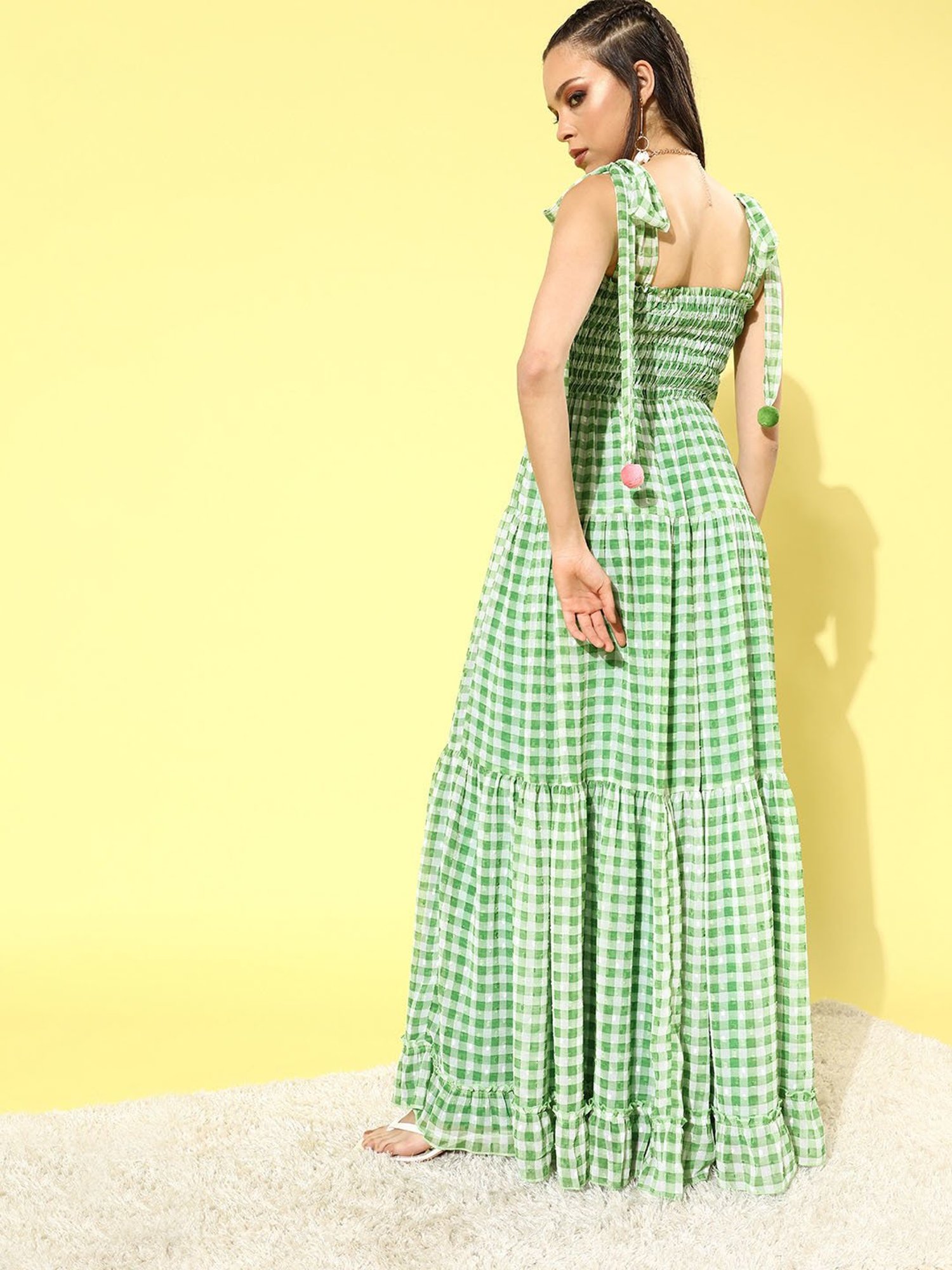 QUIERO Green Checks Fit & Flare Dress