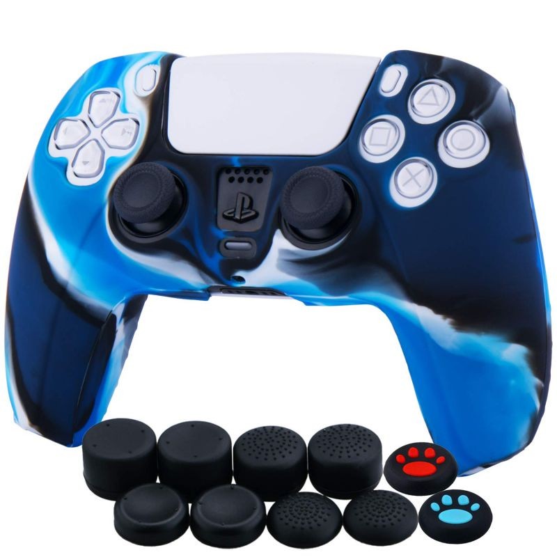 Silicone Cover Skin Case for Sony PS5 Dualsense Controller x 1(Camouflage Blue) with Thumb Grips x 10