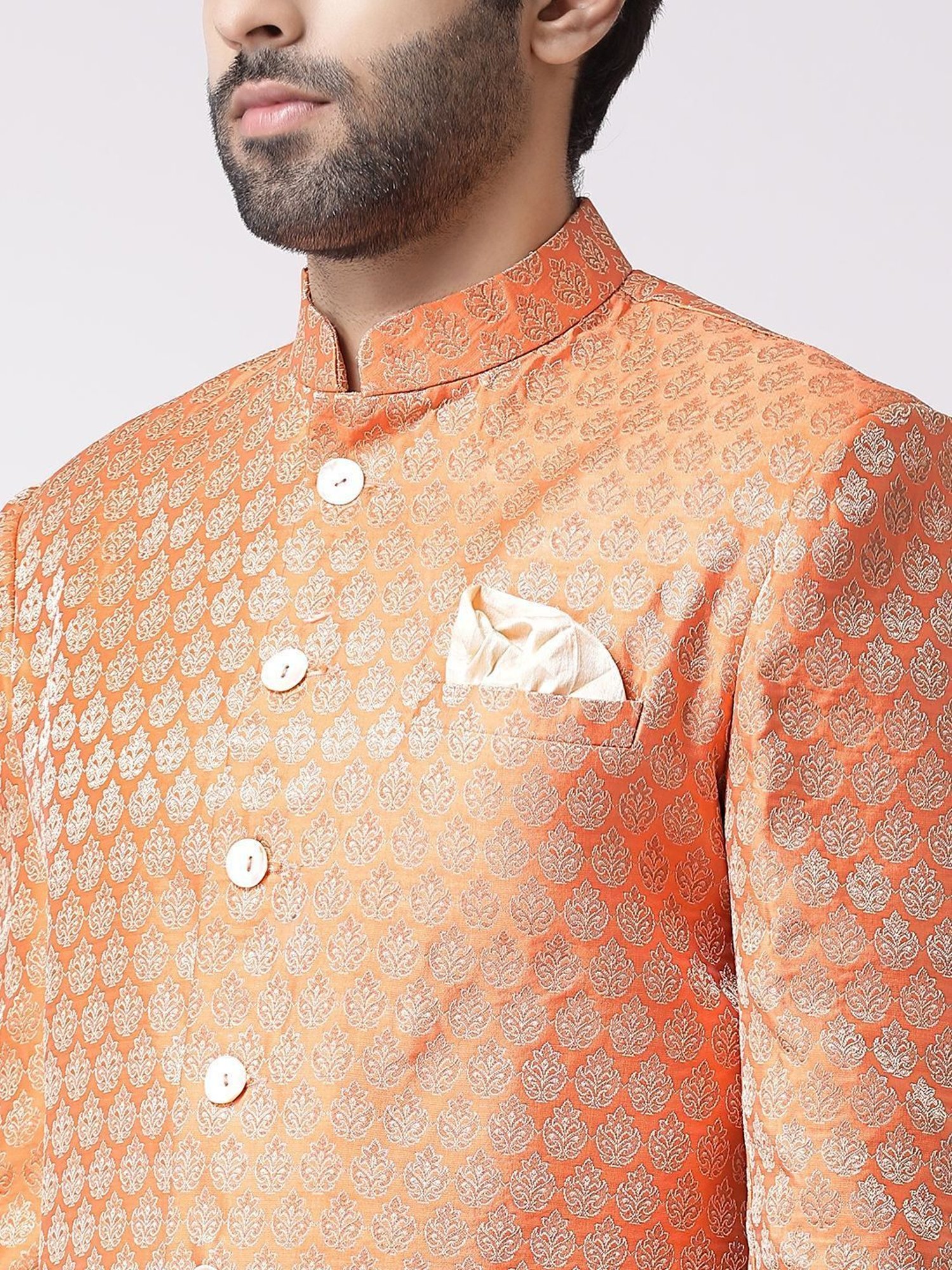 Kisah Peach Regular Fit Printed Sherwani Jacket