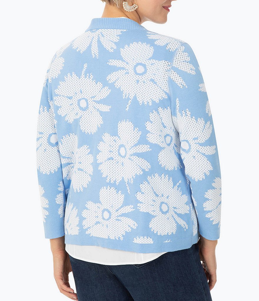 Foxcroft Plus Size Bracelet Sleeve Reversible Floral Stitch Cardigan