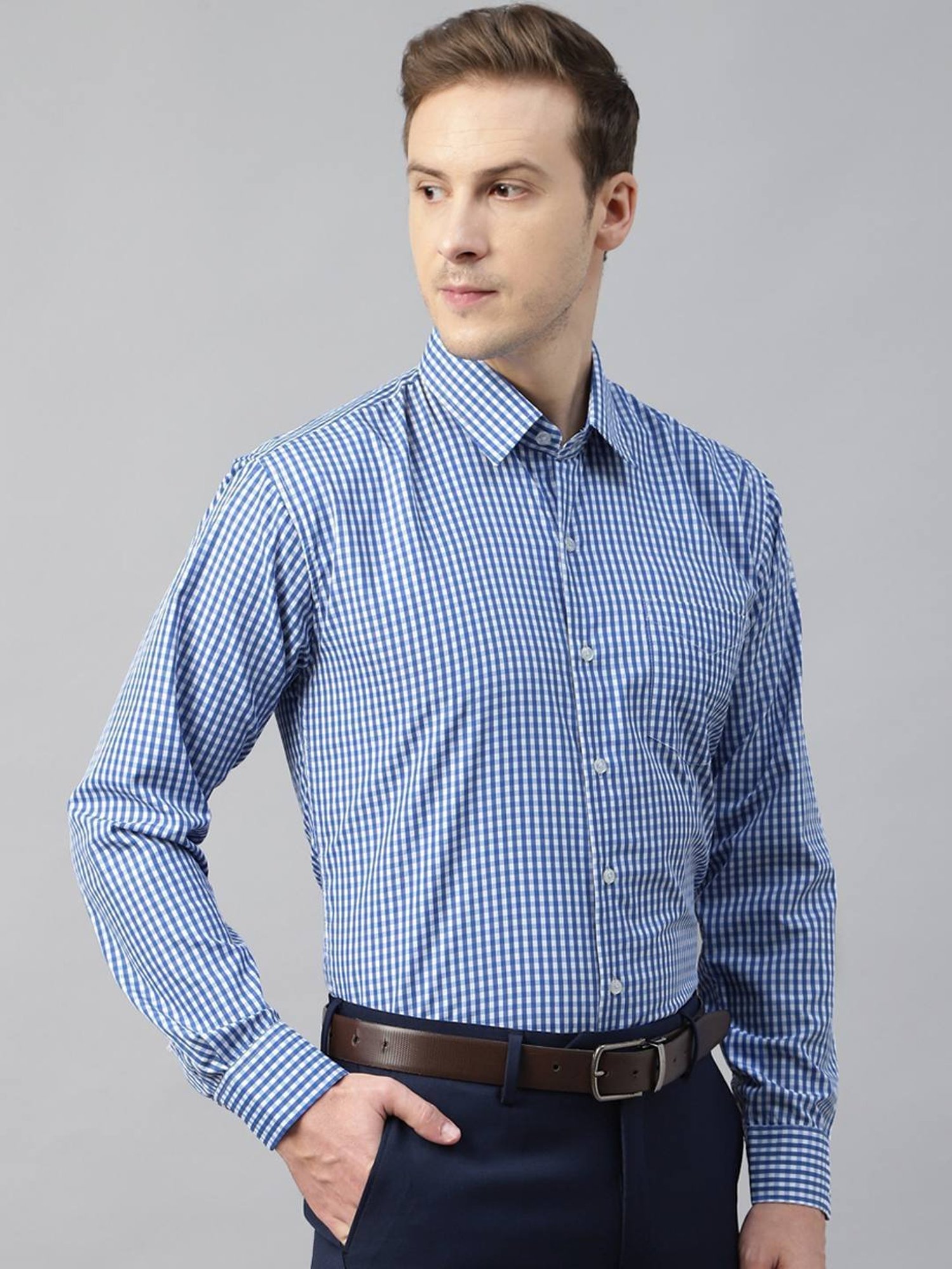 English Navy Blue Slim Fit Checks Shirt