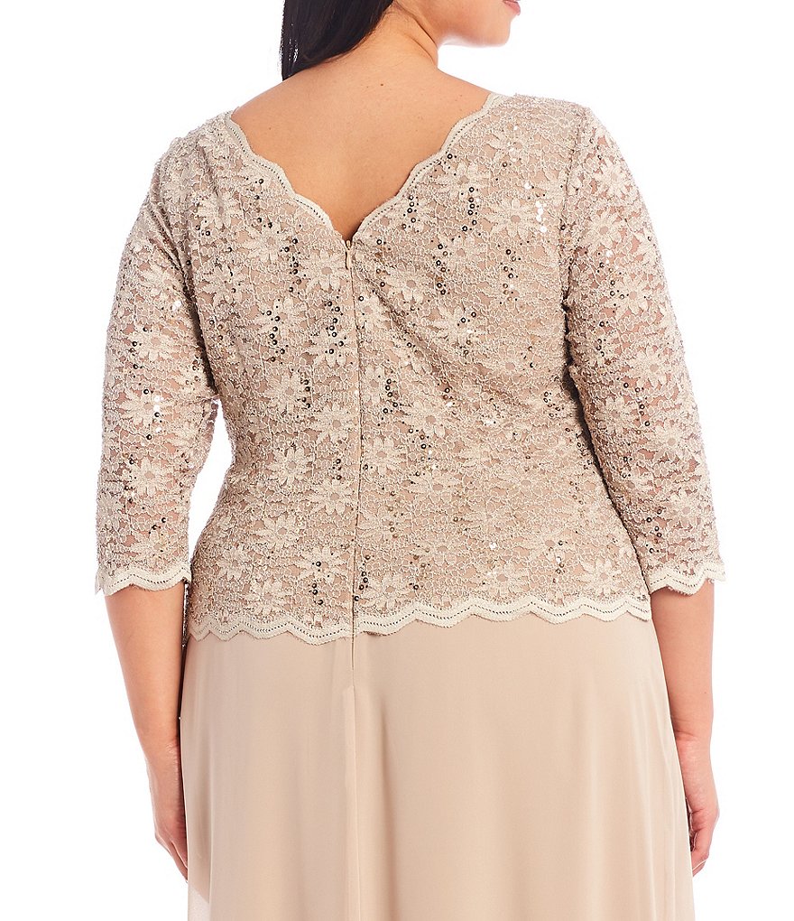 Alex Evenings Plus Size Boat Neck 3/4 Sleeve Sequin Lace Scalloped Hem Bodice Chiffon Skirted Dress