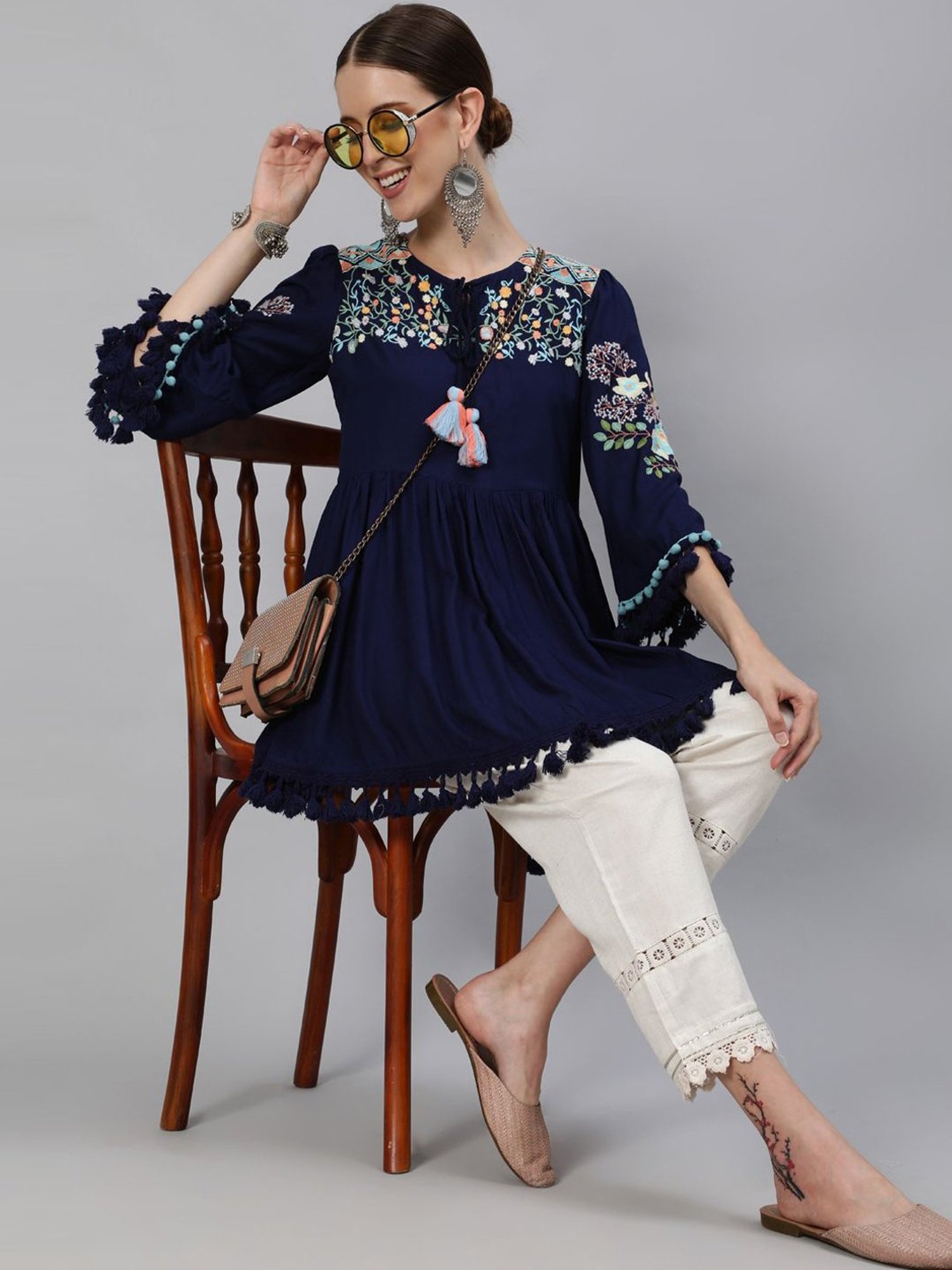 Ishin Navy Embroidered Tunic
