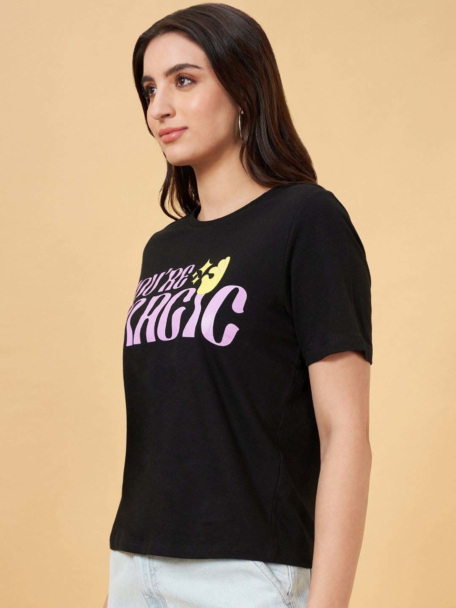 People by Pantaloons Jet Black Cotton Printed T-Shirt