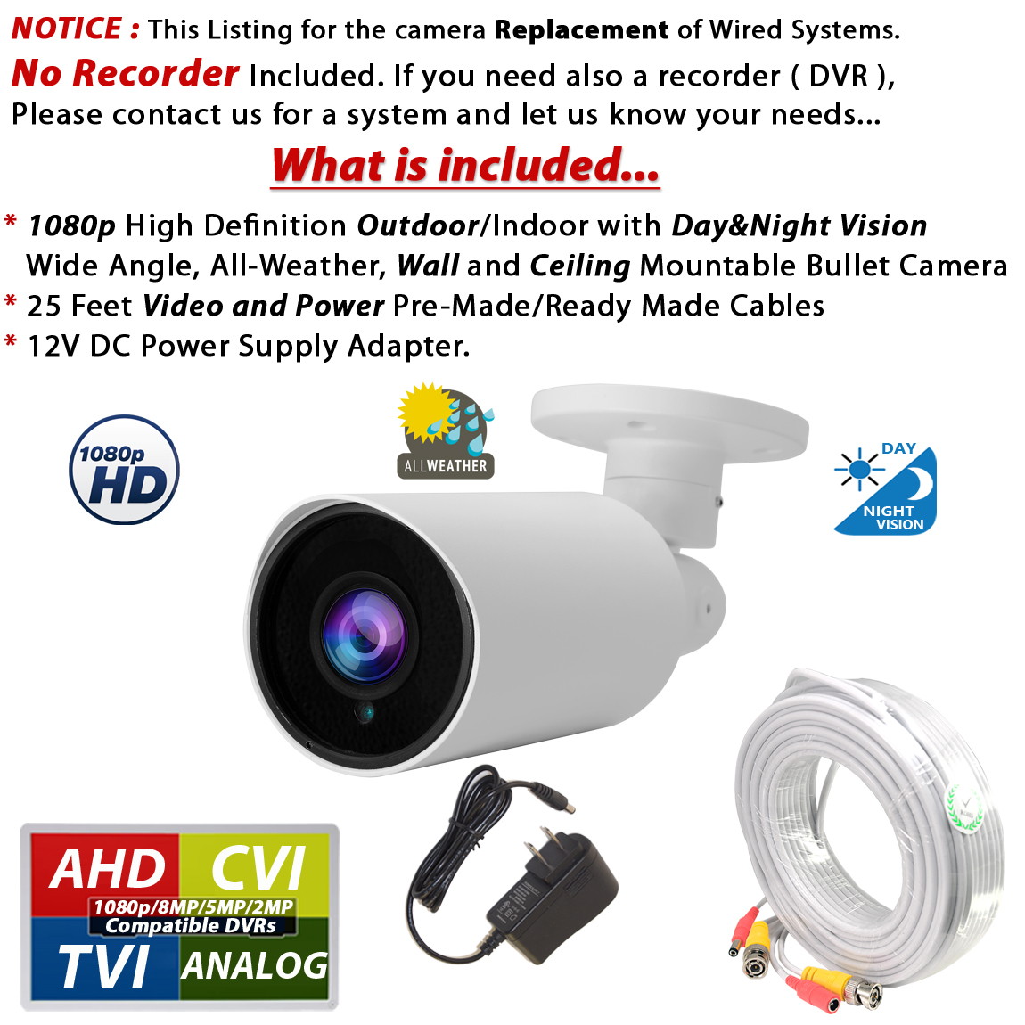 Evertech 1080p Bullet Security Camera Set with 25ft pre-Made Cable and 1000mA Adapter