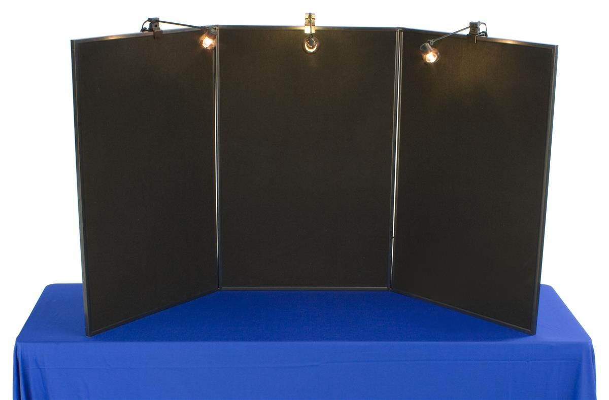 3-Panel Tabletop Exhibition Board, 72 x 36, with 3 Spotlights - Black Hook & Loop-Receptive Fabric and Write-on Whiteboard (3PV7236BKL)