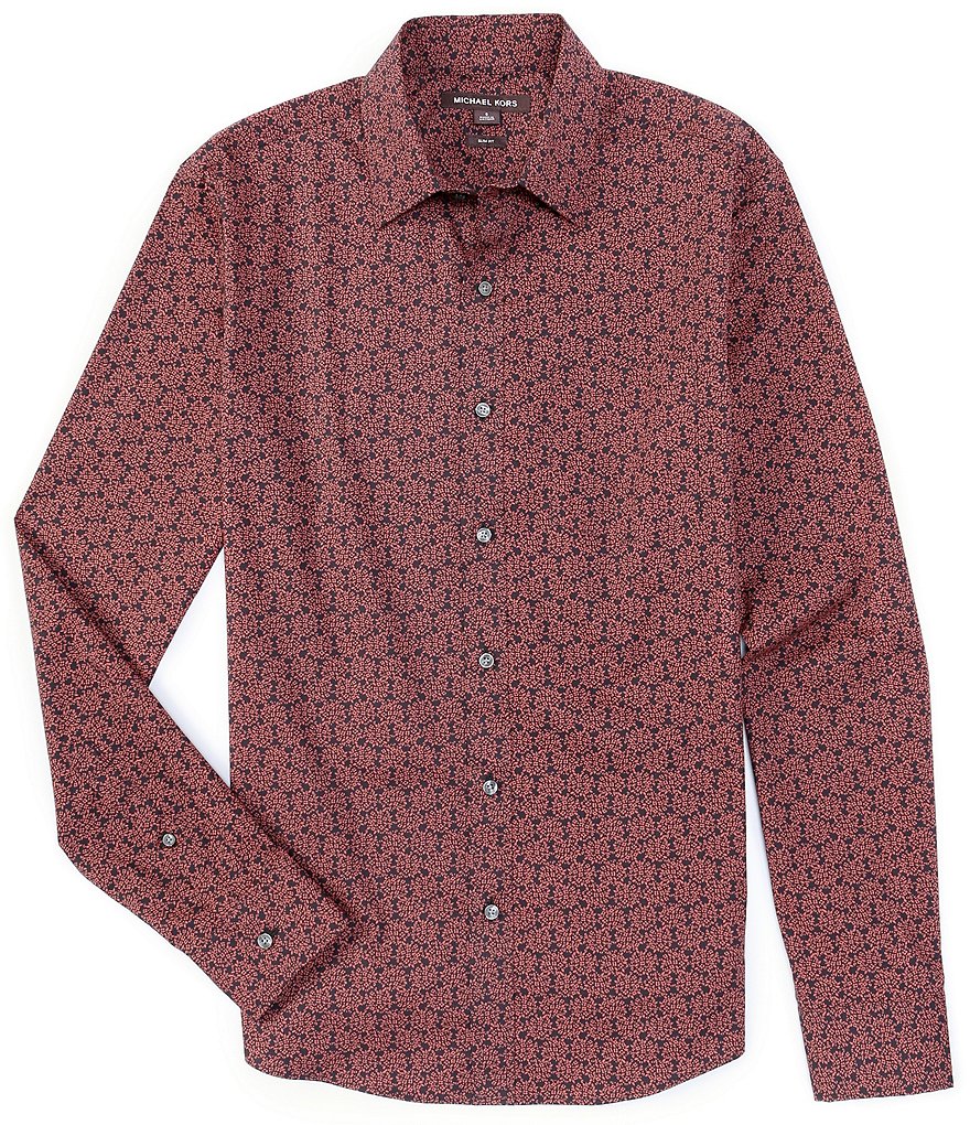 Michael Kors Slim-Fit Textured Floral Print Stretch Long-Sleeve Woven Shirt