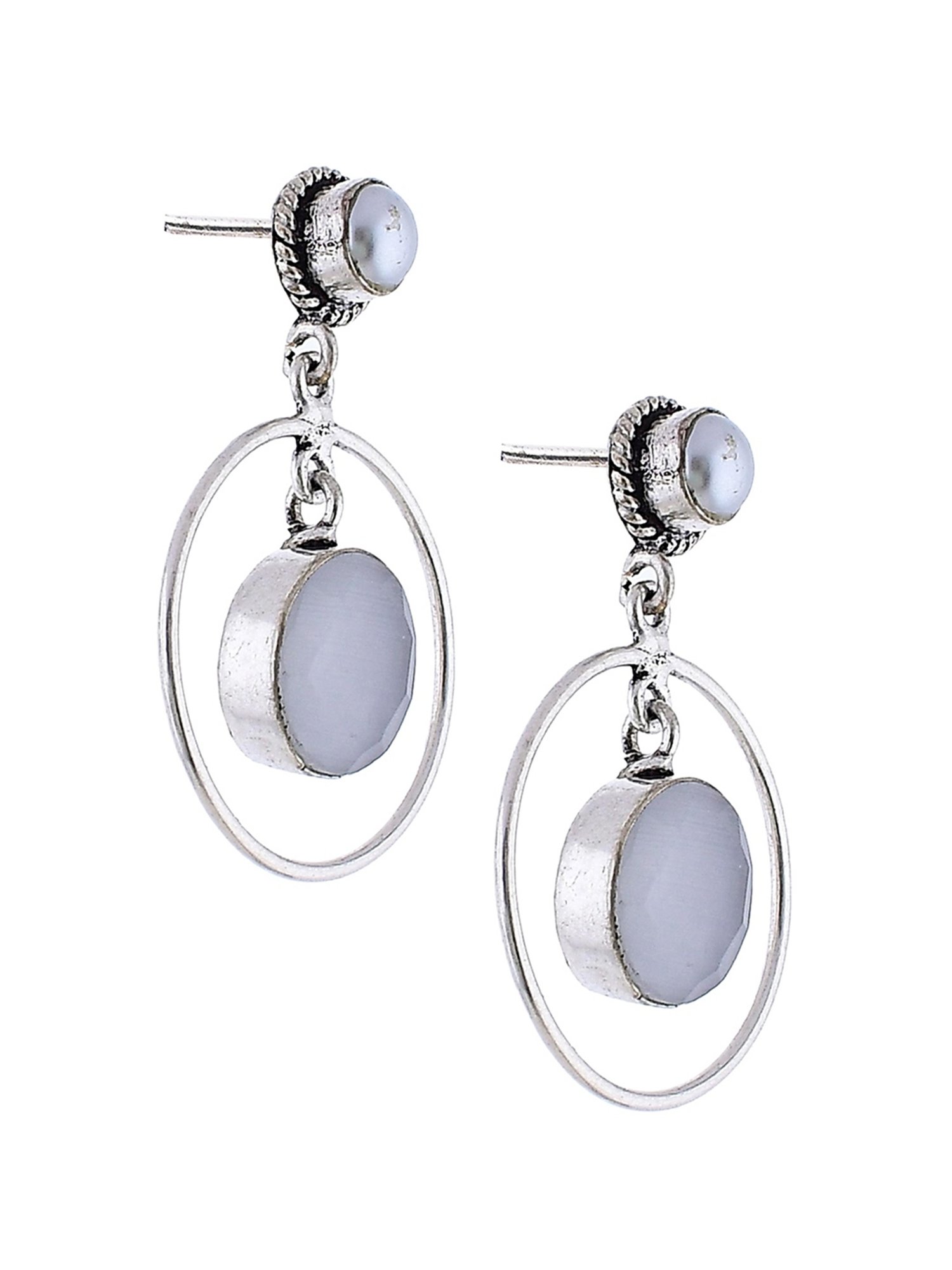 Imli Street White Silver Tone Stone-Studded Handcrafted Drop Earrings