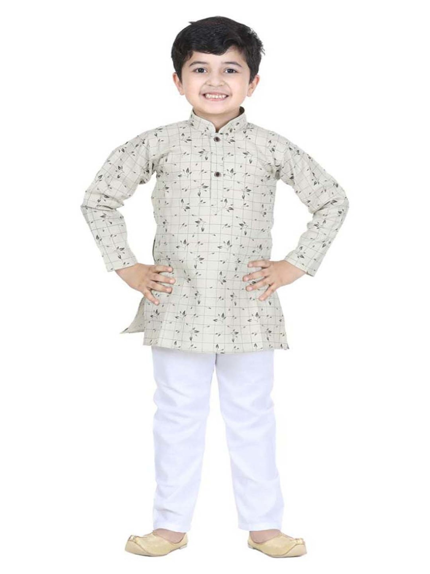 AJ Dezines Kids Beige & White Cotton Printed Full Sleeves Kurta Set