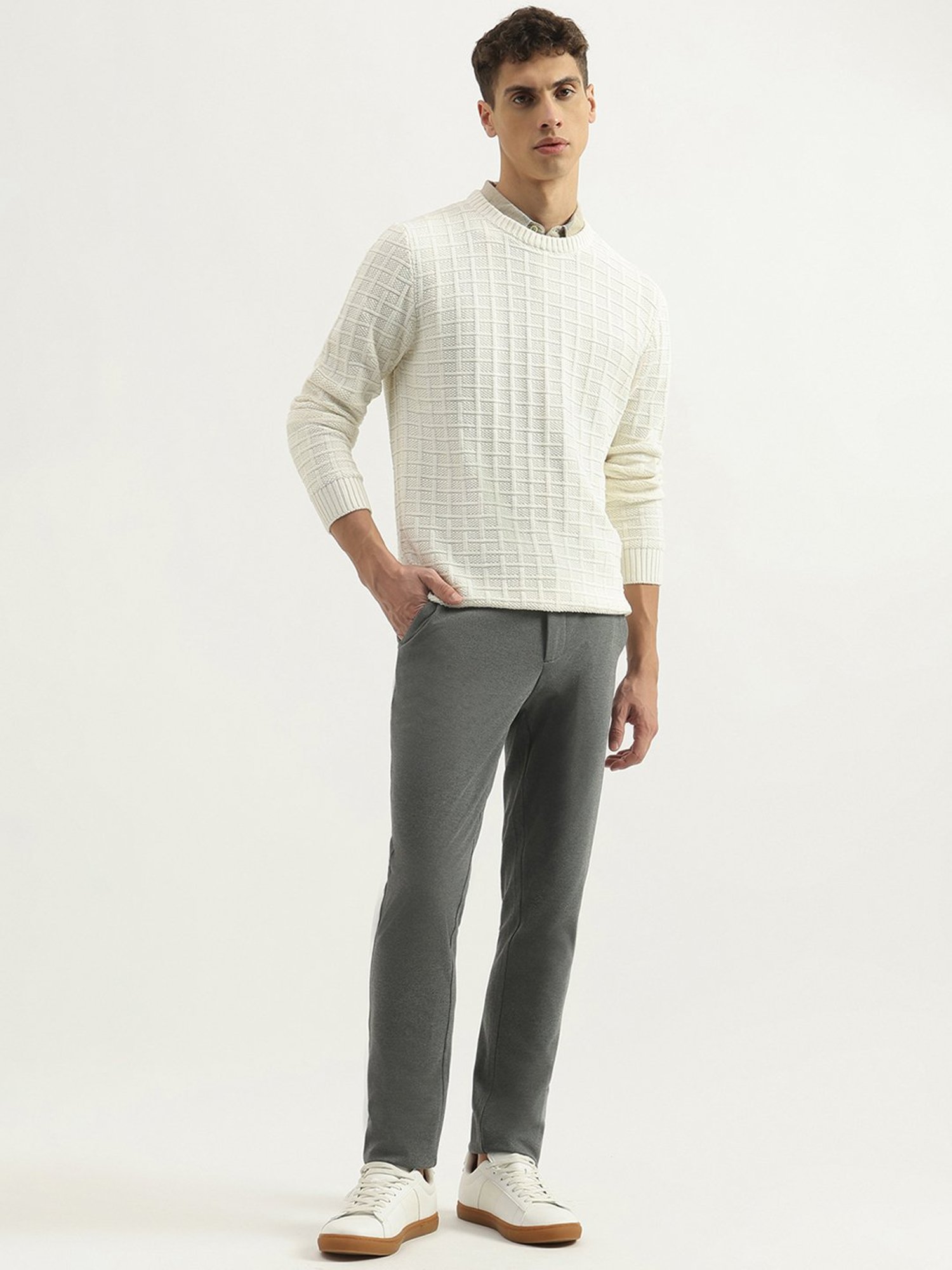 United Colors of Benetton Off White Pure Cotton Regular Textured Sweater