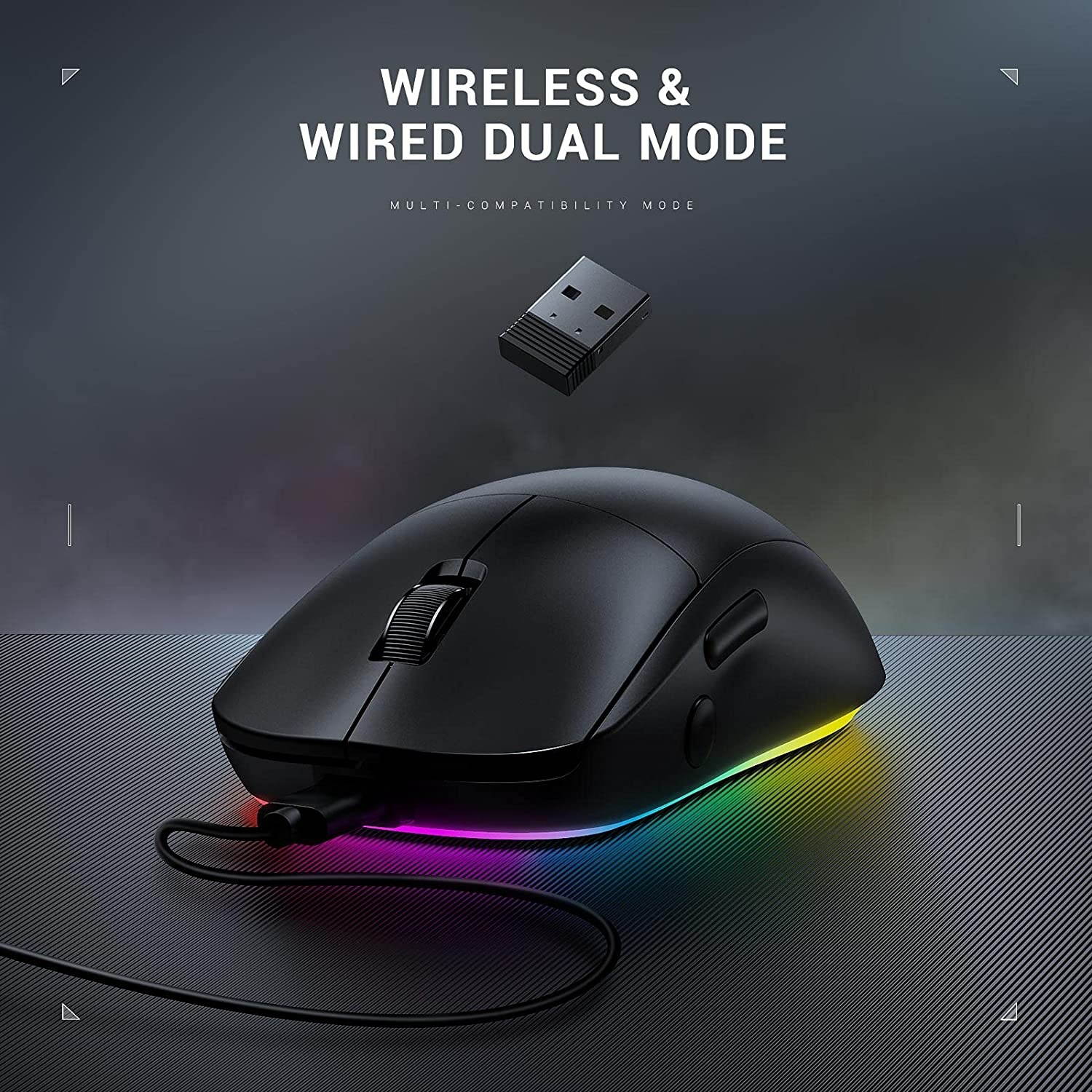 Jelly Comb Gaming Mouse Wired and 2.4G Wireless Dual-Mode RGB Backlit Mice Up to 10000 DPI Optical Sensorfor PC Computer Laptop Gaming Players (Black)