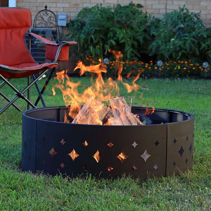 Sunnydaze Outdoor Heavy-Duty Steel Portable Large Round Diamond Cut Out Fire Pit Ring with Log Poker - 36" - Black