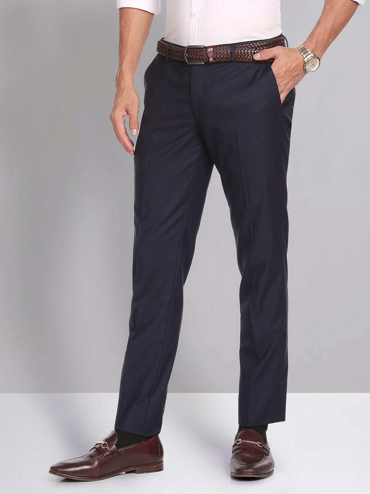 AD by Arvind Navy Slim Fit Flat Front Trousers