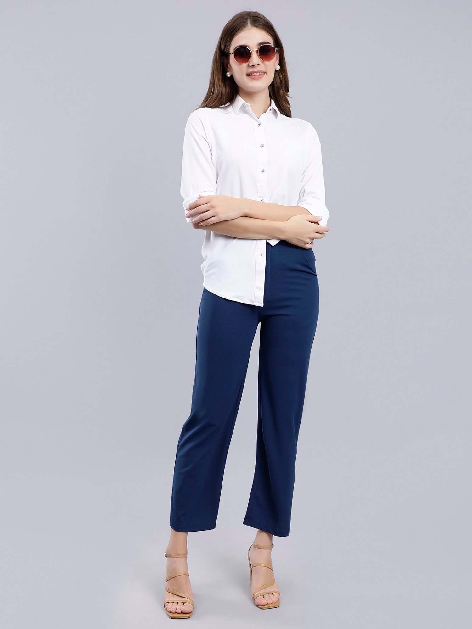 Anvi Be Yourself Blue Straight Fit Mid Rise Trousers