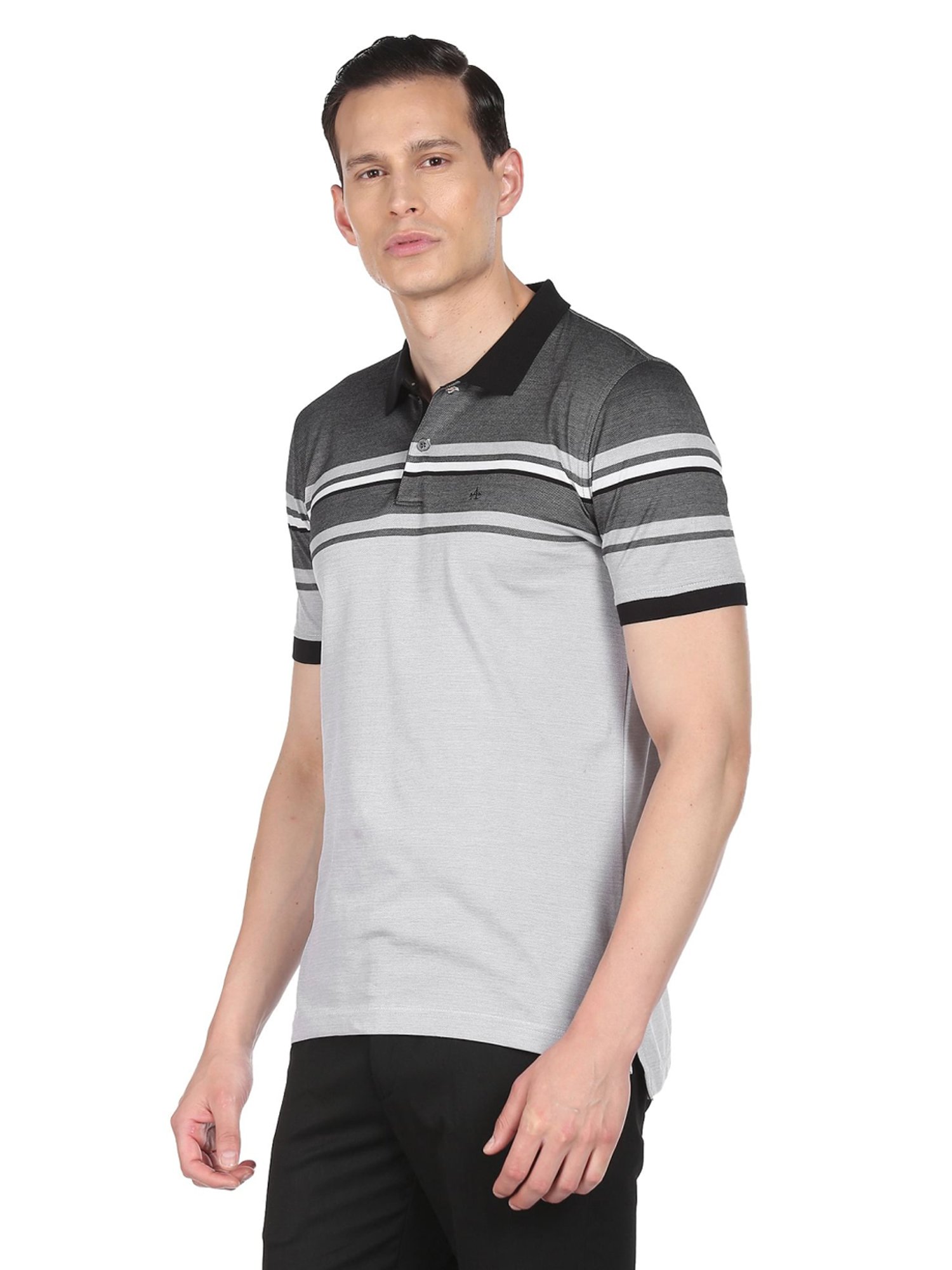 Arrow Grey Cotton Regular Fit Striped Polo T-Shirt