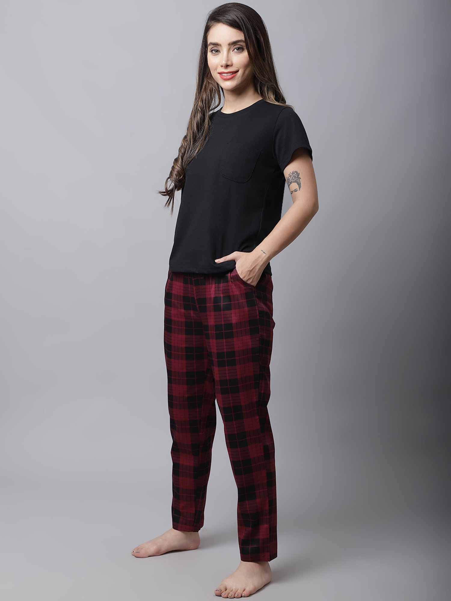 Boston Club Black & Maroon Cotton Printed Top Pyjama Set