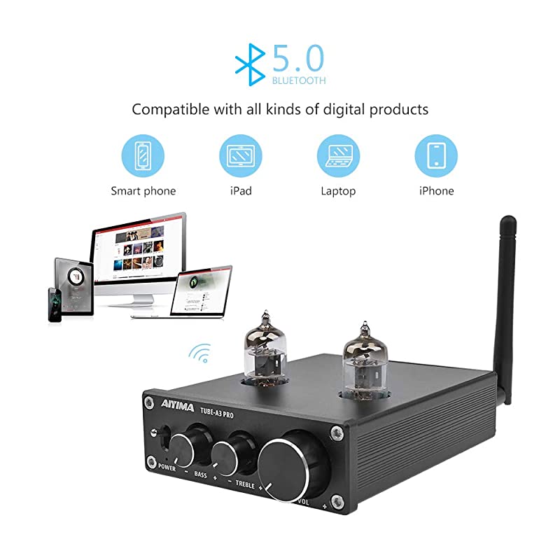 Audio 6J1 Tube Preamplifier Bluetooth 50 HiFi Treble Bass Adjustment Audio Preamplifier DC12V Amplifier Preamp NE5532P Chips for Home Theater SystemBlack+BT 50