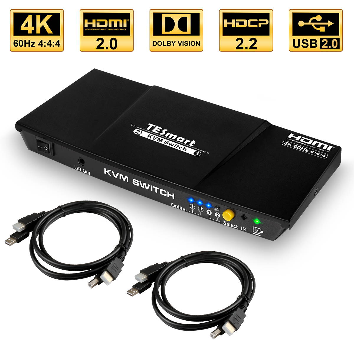 TESmart 2x1 HDMI KVM Switch 4K 3840x2160@60Hz 4:4:4 USB 2.0 2Pcs 5ft KVM Cables Control of 2 Computers/Servers/DVR (BLACK) EU Standard Plug