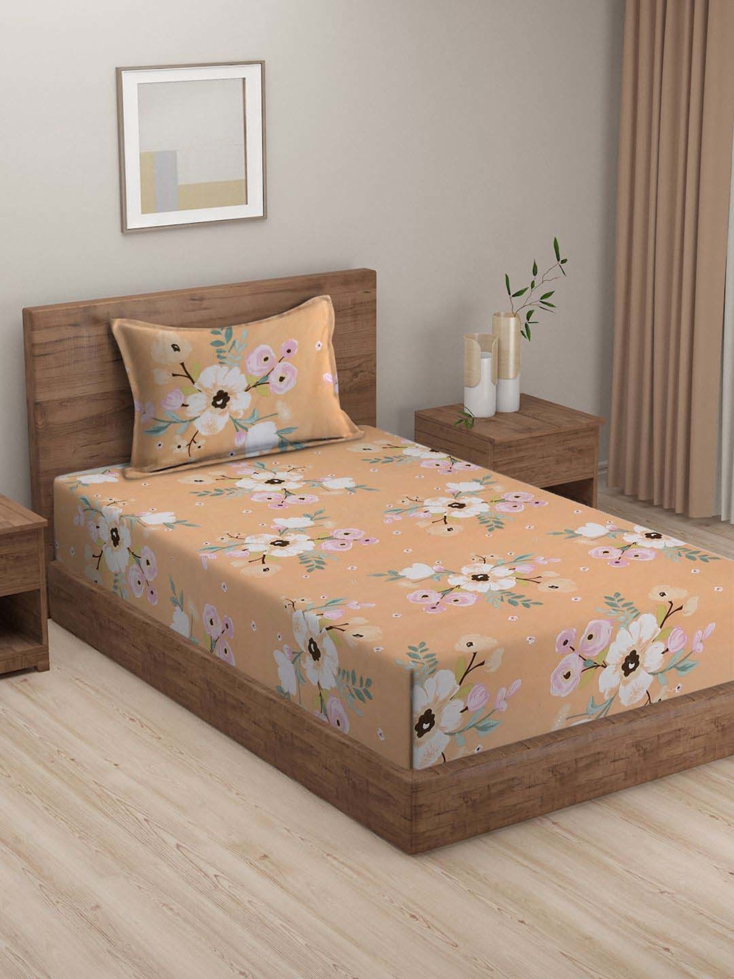 HOSTA HOMES Orange Cotton 280 TC Single Bedsheet with 1 Pillow cover