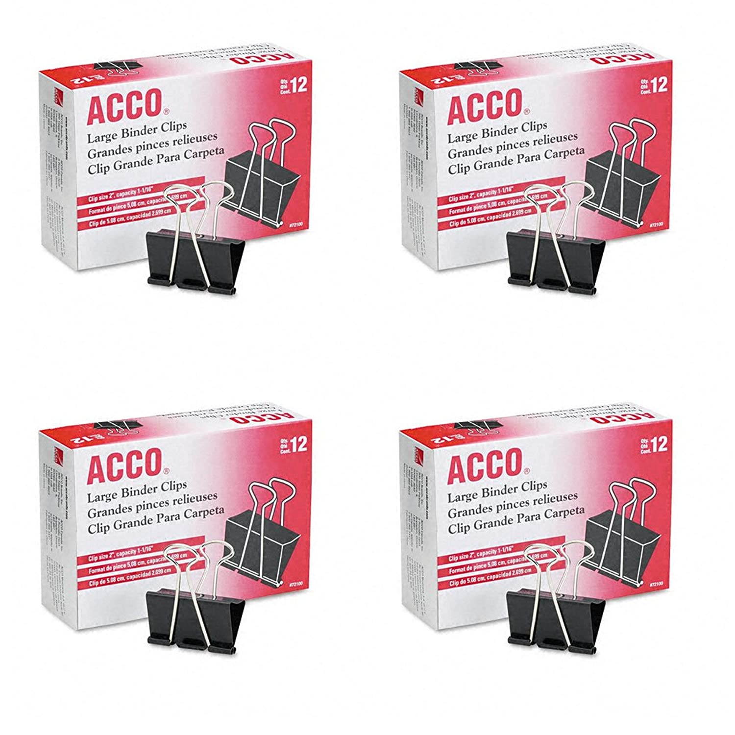ACCO Binder Clips, Large, 4 Boxes, 12 Clips/Box (A7072100B-AZ)