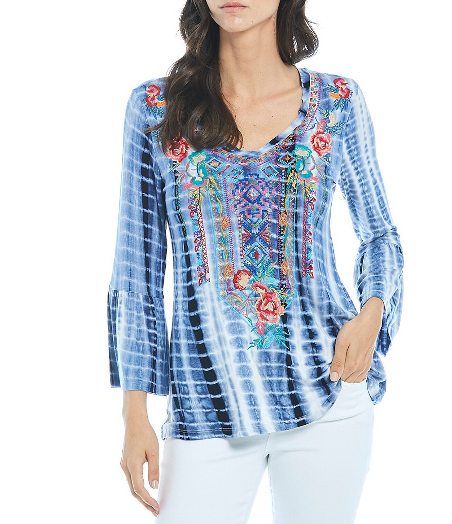 Calessa Bell Sleeve Tie-Dye V-Neck Bell Sleeve Embroidered Tunic