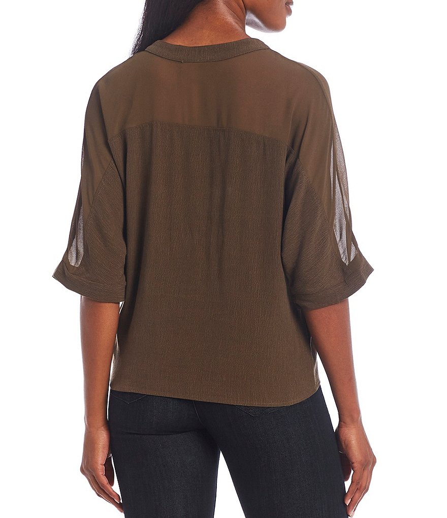 Democracy Band Collar Button Down 3/4 Sleeve Tie-Front Mixed Media Top