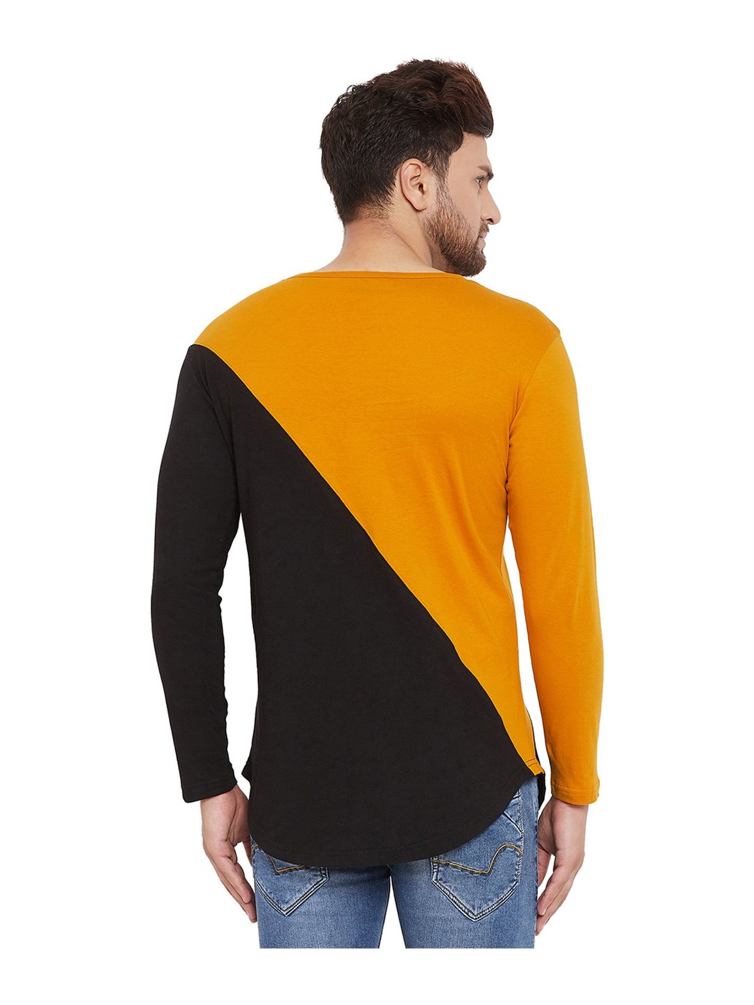 Hypernation Yellow & Black Cotton Regular Fit Color Block T-Shirt