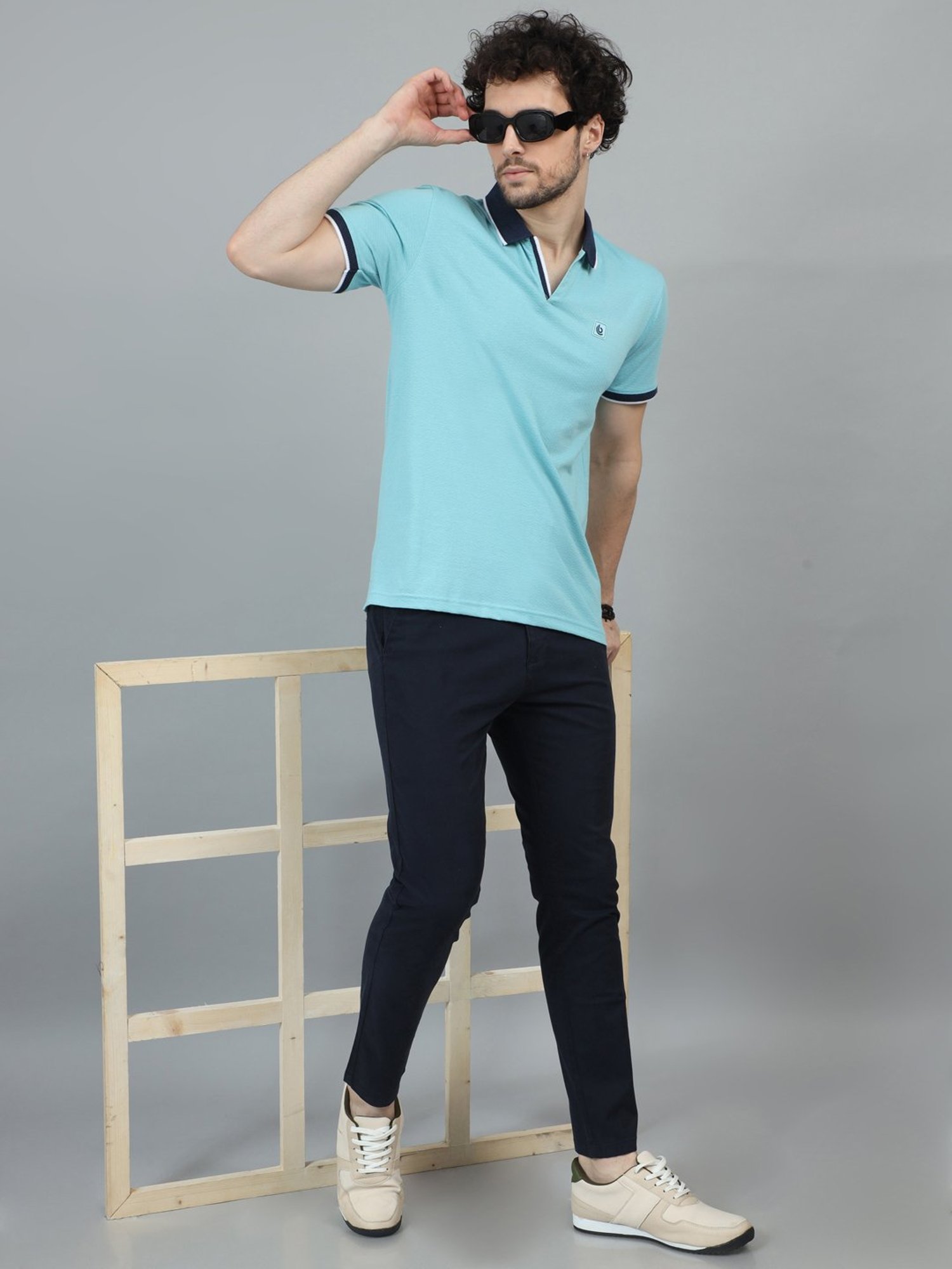 Bushirt Aqua Blue Regular Fit Self Design Cotton Polo T-Shirt