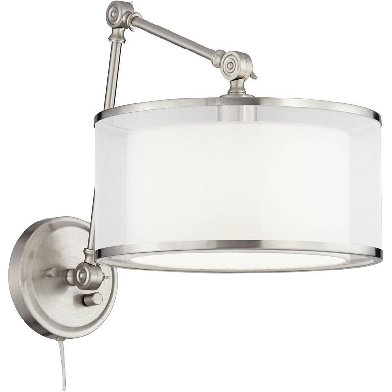 Possini Euro Design Modern Swing Arm Wall Lamp Brushed Nickel Plug-In Light Fixture Organza Drum Double Shade for Bedroom Bedside