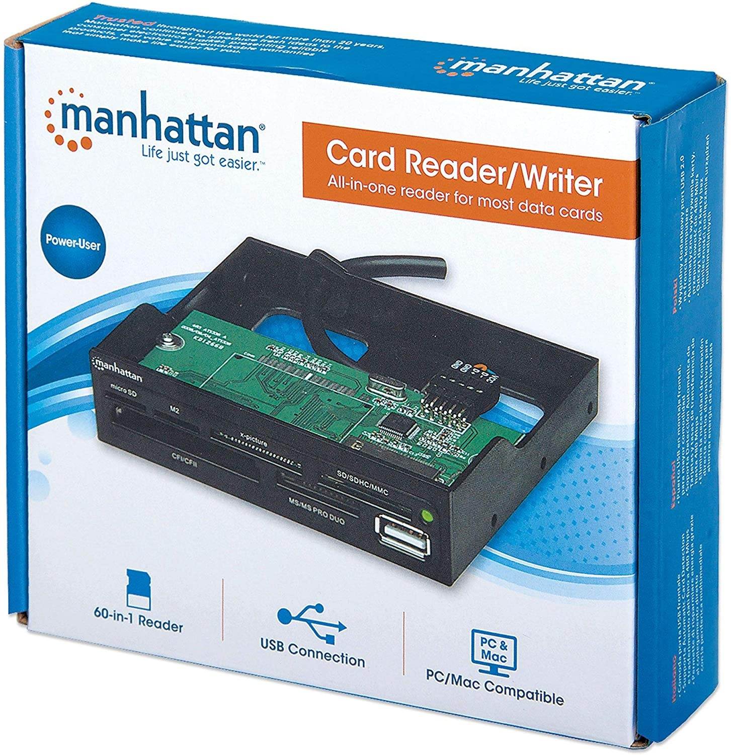 Manhattan Hi-Speed USB 3.5-Inch Bay Mount 60-in-1 Multi-Card Reader/Writer, Black (100915)